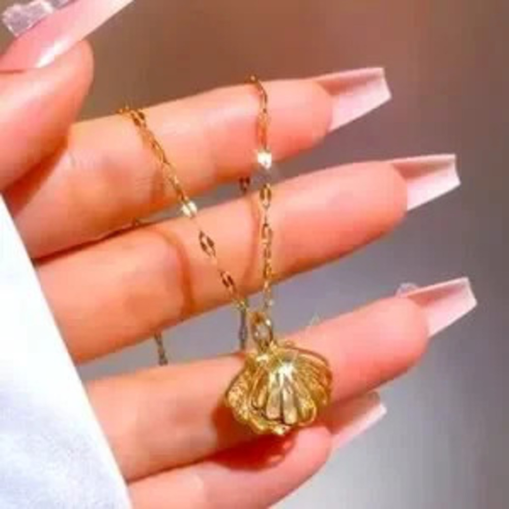 Dainty Gold Tone Clamshell & Pearl Necklace Women's Valentine's Birthday Gift